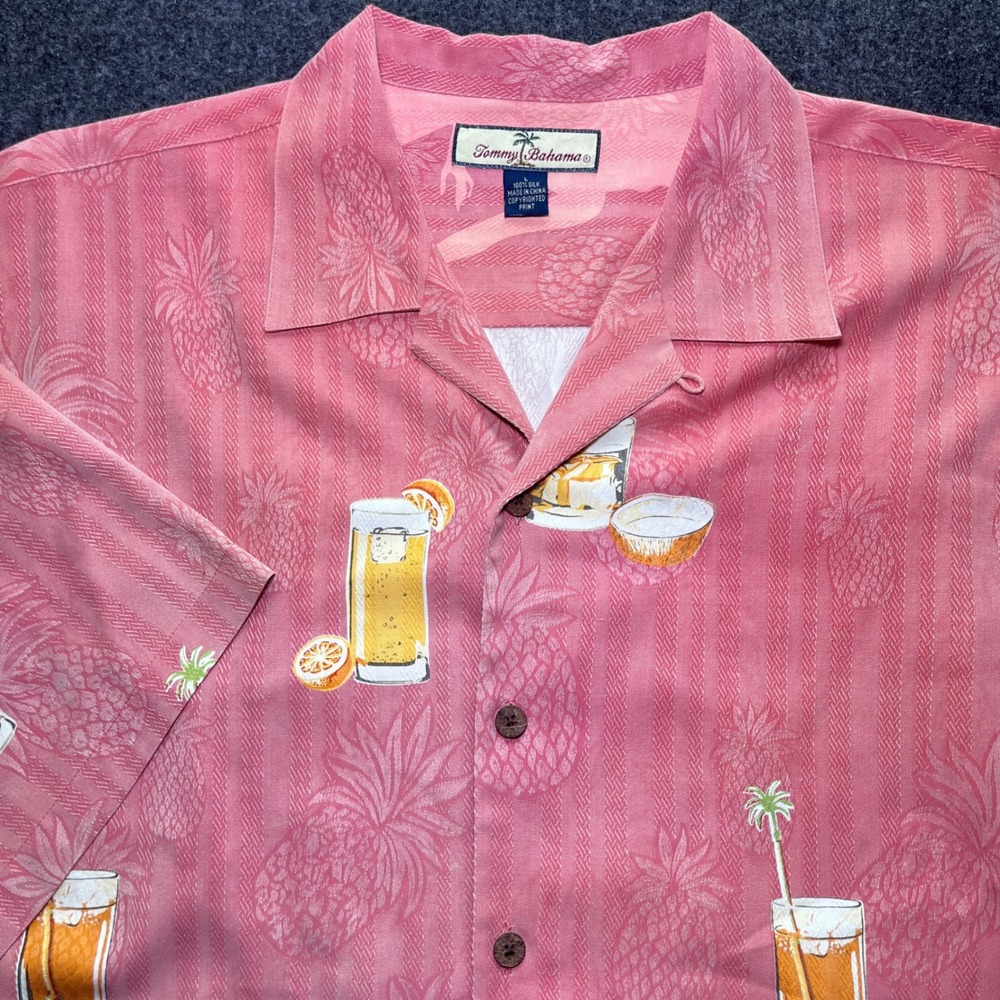 Tommy Bahama Shirt Mens L Pink Excellent Silk Tropical Drink Pineapple Hula Girl